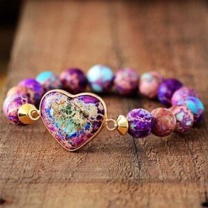 Multicolor Heart Gemstone Beaded Bracelet - Gold Accents